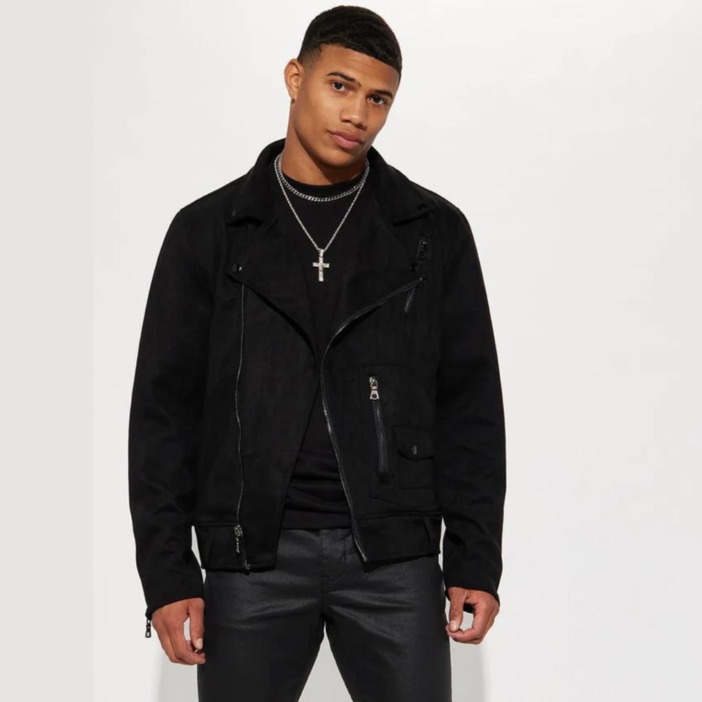 Nova Men Black Suede Faux Leather Moto Jacket